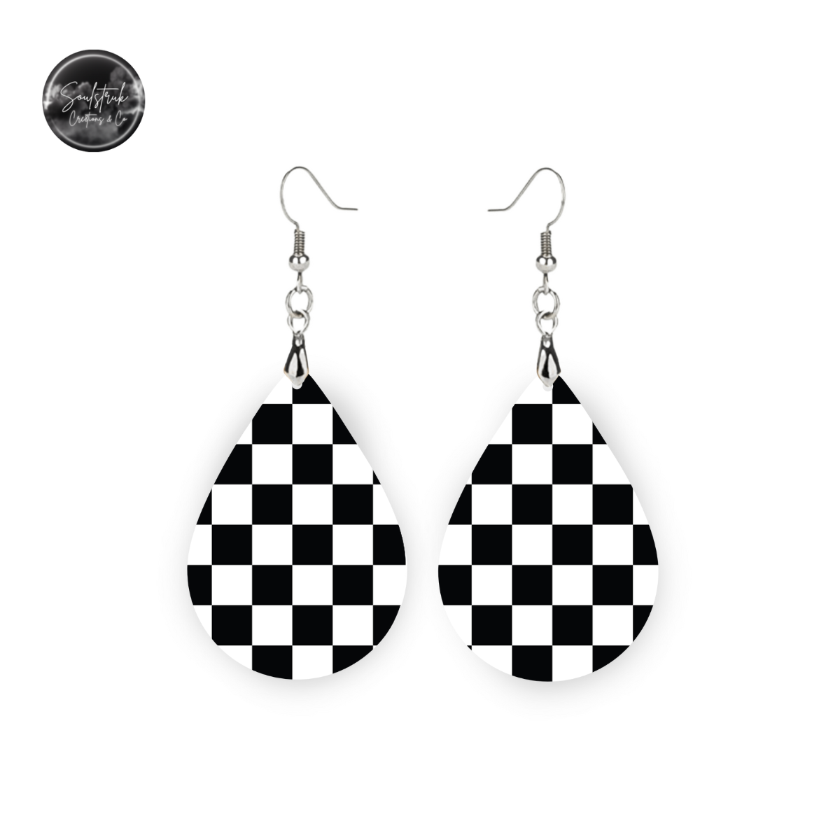 Tear Drop Black and White Checkered Earrings