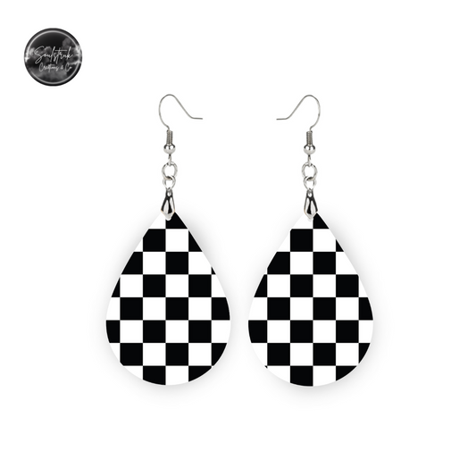 Tear Drop Black and White Checkered Earrings