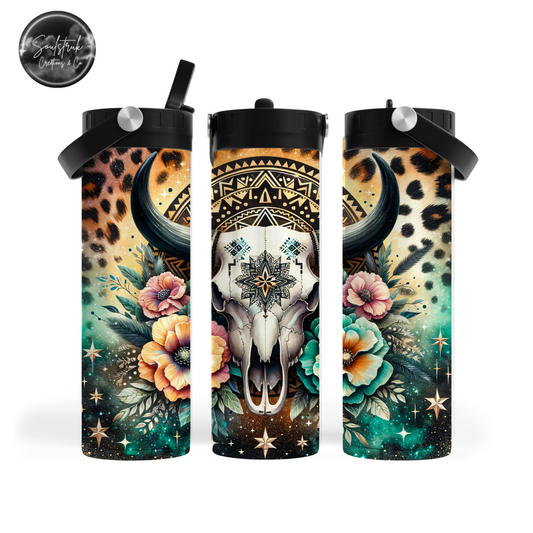 20oz Bull Skull Cowhide Sport Water Bottle