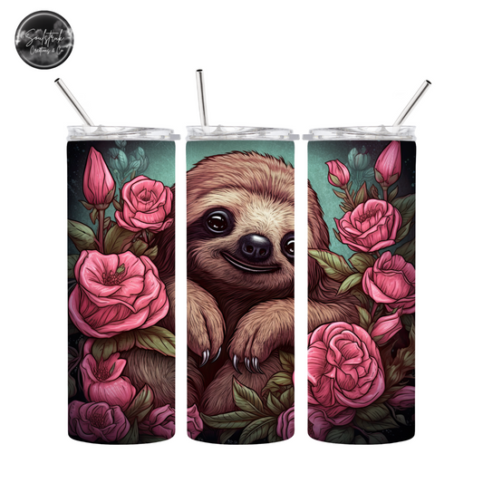 20oz Sloth with pink flowers Tumbler