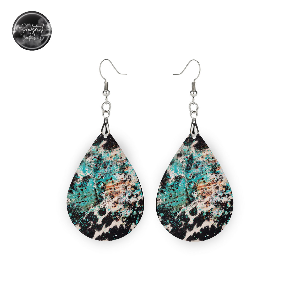 Tear Drop Teal & Cow Print Earrings