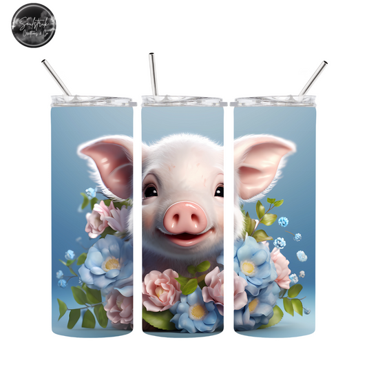 20oz Pig w/ Blue Flowers Tumbler